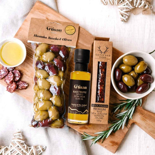 Classic Artisan Gift Pack – Manuka Smoked Olives, New Zealand Black Truffle Oil, and Wild Fiordland Venison Salami