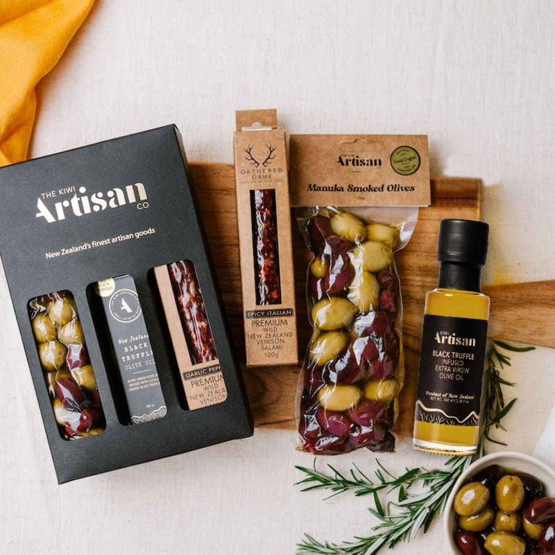 Classic Artisan Gift Pack – Manuka Smoked Olives, New Zealand Black Truffle Oil, and Wild Fiordland Venison Salami