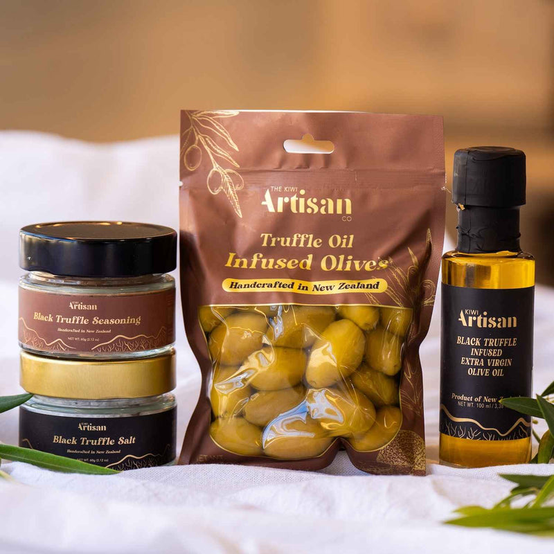 Truffle Selection bundle - Black Truffle Seasoning, Black Truffle Salt, Black Truffle Infused Extra Virgin Olive Oil and Truffle Infused Olives